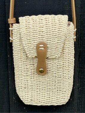 Aerie Rattan Phone Bag in Cream with Tan Trim